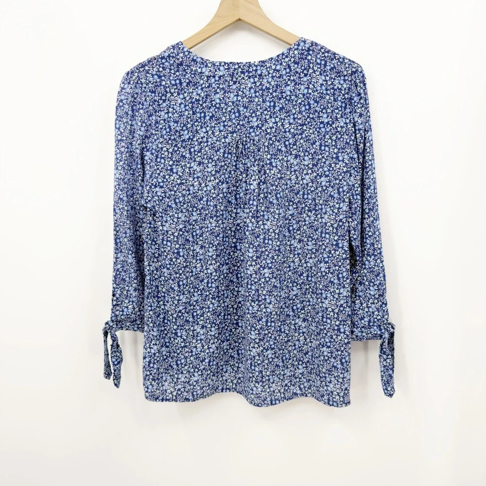Rose & Thyme Floral Blouse Tie Sleeve V-Neck Blue M Cottagecore Boho Peasant